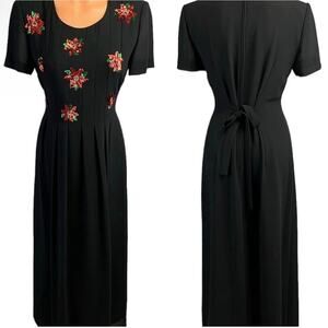 Vintage Black Maxi Dress with Red Floral Embroidery